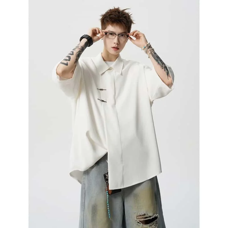 

Oversized Short-Sleeve Shirt with Oblique Placket & Frog Buttons, Silky Cool Breathable, Loose Fit Casual Shirt, M-8XL Plus Size