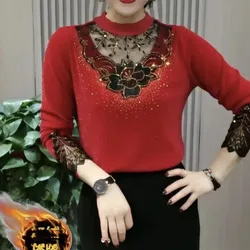 Women'sspring Autumn Solid Pullover Round Neck Hollow Out Rhinestone Gauze Flower Long Sleeve T-shirt Elegant Undershirt Tops