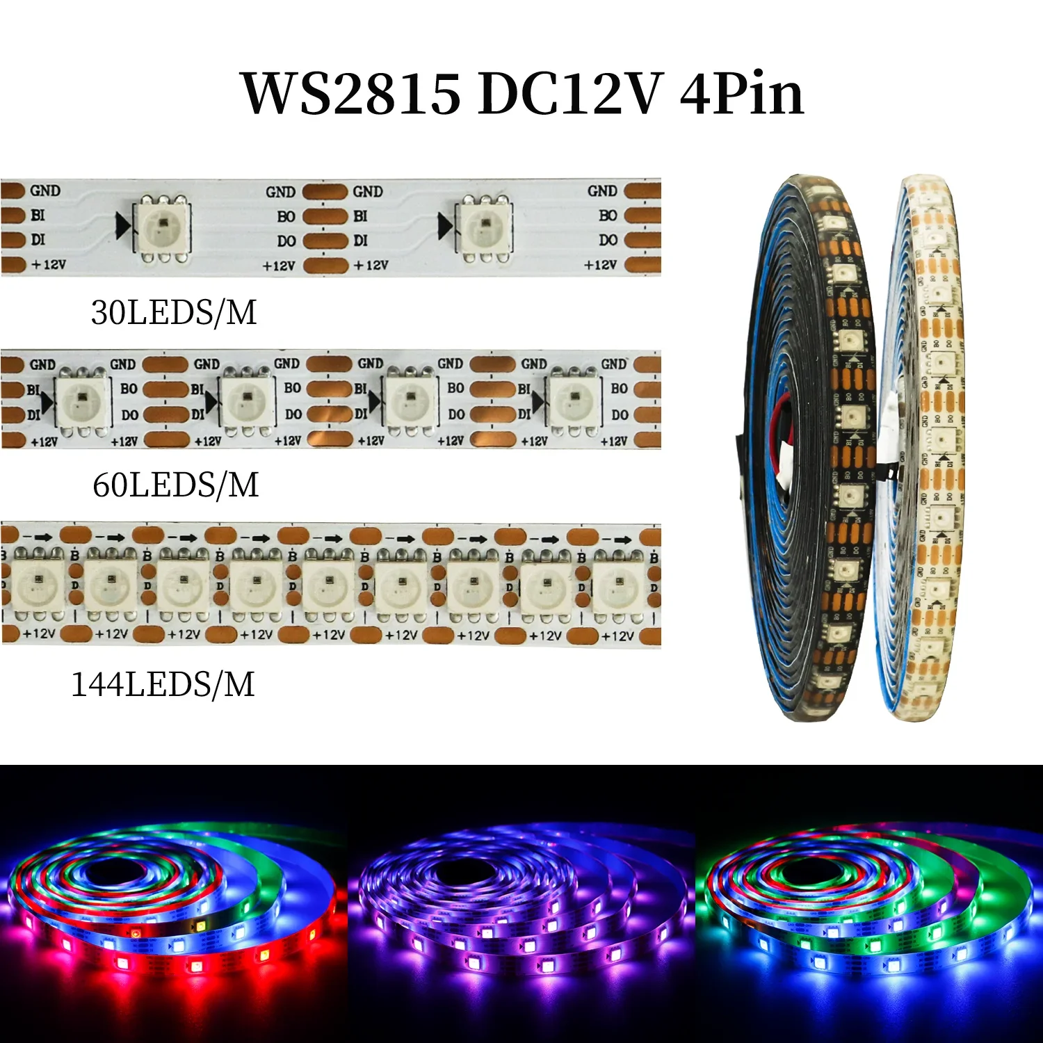 WS2815 Smart LED Strip Lights Individually Addressable SMD5050 RGBIC Full Color Soft Rainbow Lighting 30/60/144 Pixels/Leds/m