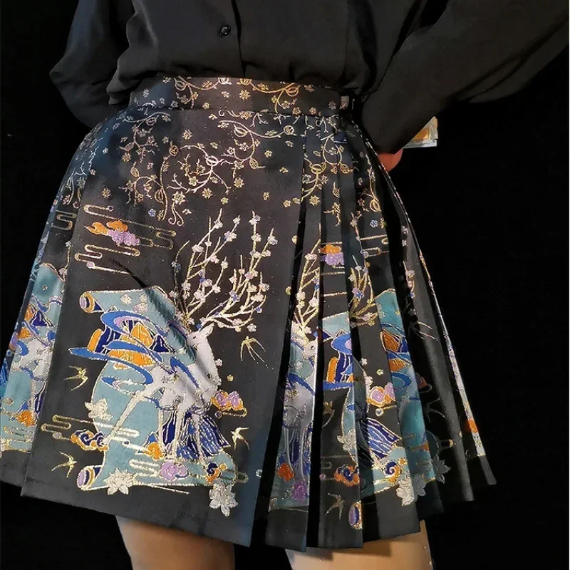 Chinese Style Improved Exquisite Printed Horse-face Skirt Women High Waist All-match Mini Horse-face Pleated Skirt Y2k Clothes