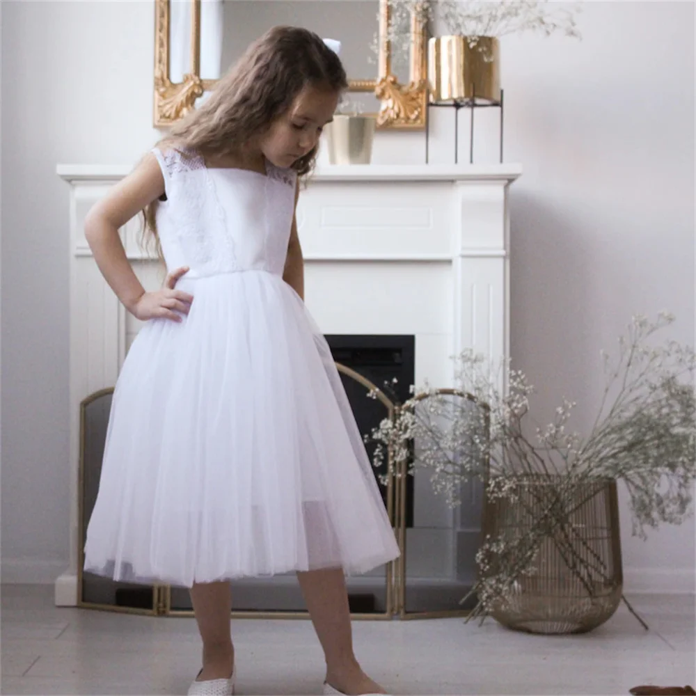 Hot Selling Boat Neckline Sleeveless Tulle A-Line Flower Girl Dress Elegant Open Back Zipper Ankle Length Gown For Children 2024