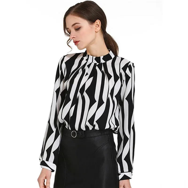 Fashion O-neck Blouse Spring New White Black Striped Long Sleeve Chiffon Shirt Elegant Office Lady Work Wear Tops Blusas 0941 60