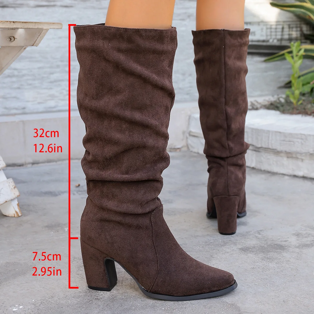

2026 New Women's Pleated Pointed Toe High Heel Boots Chunky Comfortable Sleeve One Foot Stirrup Fashionable Elegant Footwear