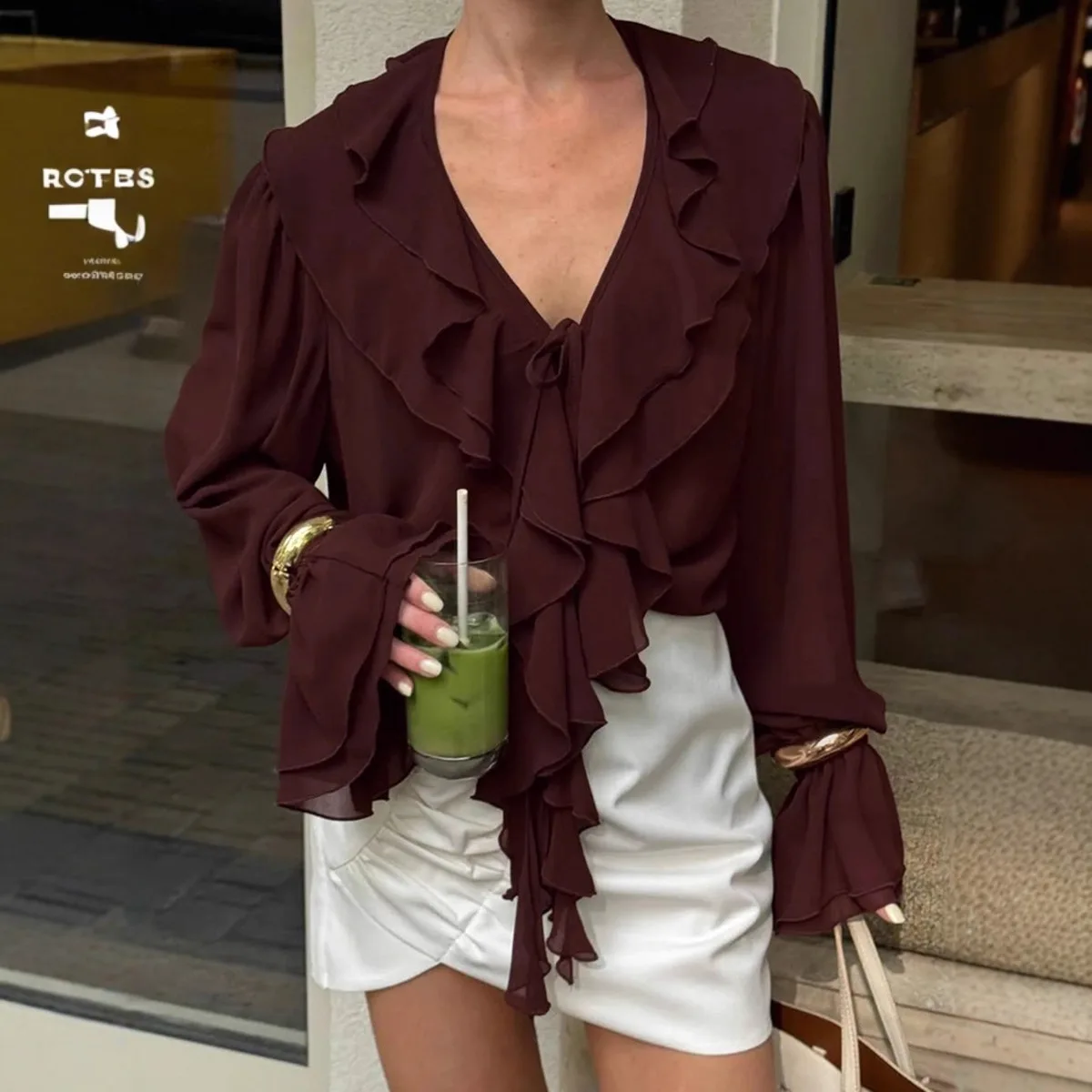 

2026 Spring Summer New Ruffle Trim Chiffon Blouse Women Burgundy Color V Neck Tie Detail Vintage High End Sense Long Sleeve Top
