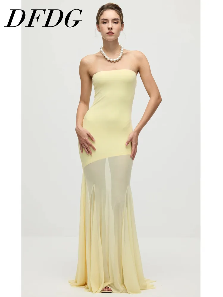

DFDG Women's 2025 Spring Summer Vanilla Yellow Mesh Dress Cold-Feel Sheer Tube Top Slim Fit Bodycon Maxi Gown Flared Hem Dress