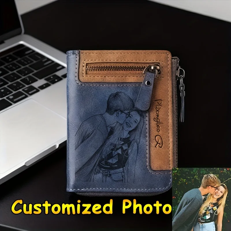 Personalisierte Foto-Geldbörse für Herren, Retro-Kurzgeldbörse mit graviertem Bild, Reißverschluss, PU-Leder, Münzgeldbörse, hochwertiger Kreditkartenhalter, ideales Geschenk – Detail 9