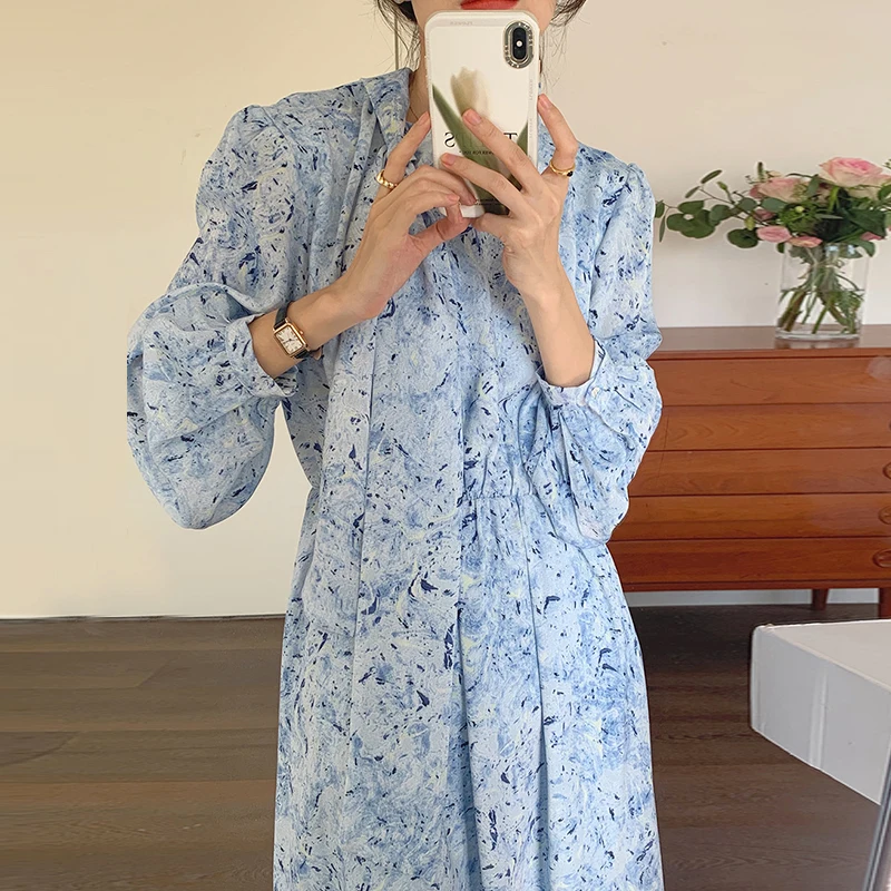

Long Sleeve Dress Women 2022 Korean Clothes Spring Fall Print Floral Vestido Feminino Party Elegant A-Line Woman Dresses Female