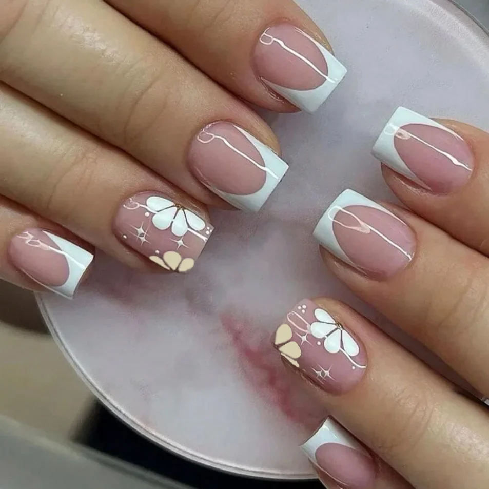 24 pçs francês unhas falsas adesivos curto quadrado imprensa em unhas bonito mini flor unhas falsas cobertura completa wearable manicure dicas de unhas