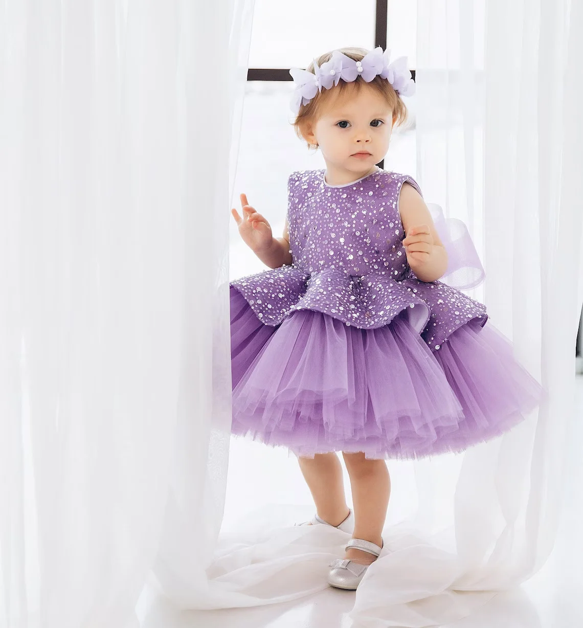 

Flower Girl Dresses For Wedding Pink/Purple Bow Puffy Cute Knee Length Sleeveless Shining Ball Gown Baby Birthday Party Dress