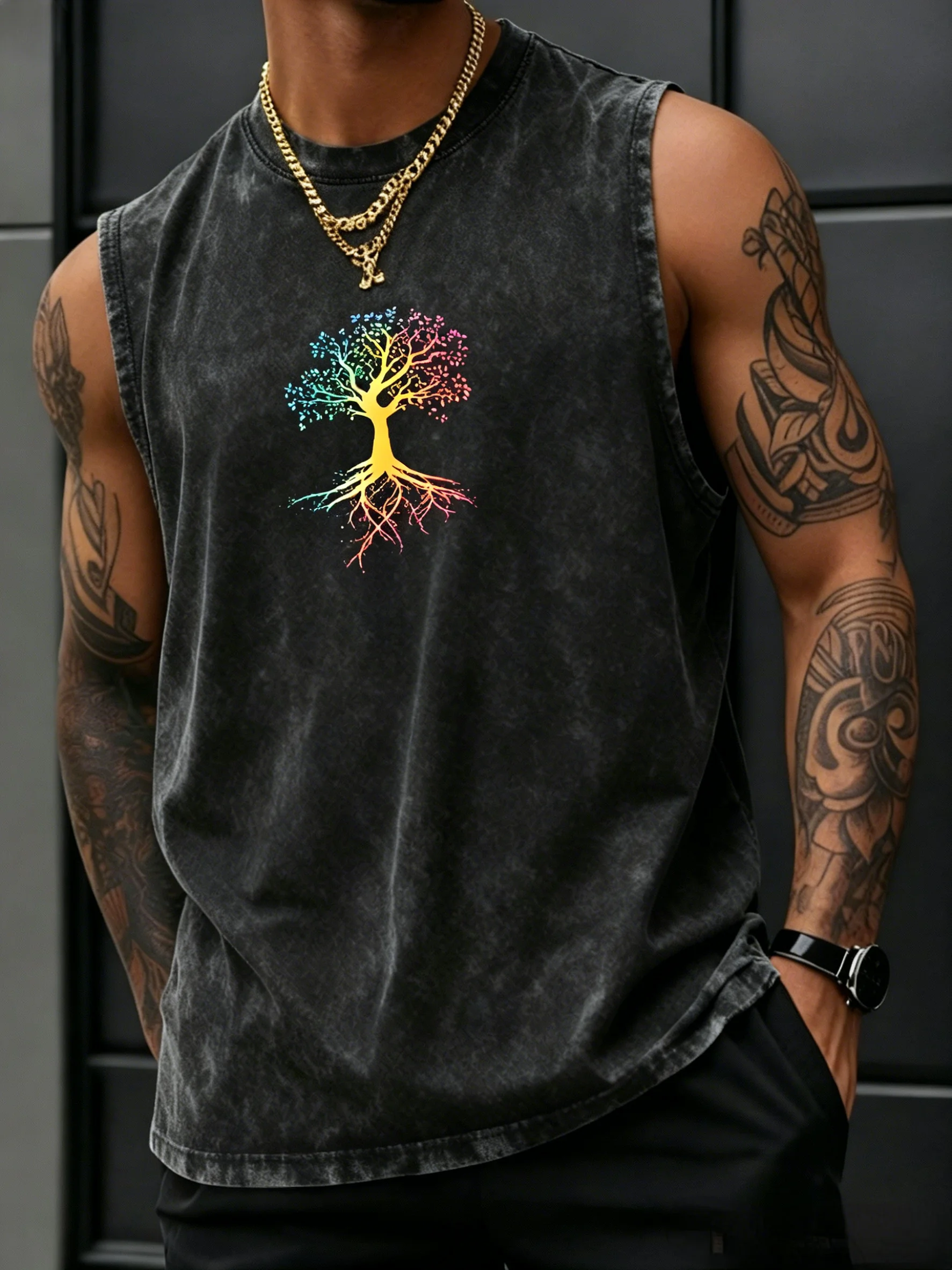 Herren Oversize Vintage Washed 100% Baumwolle Ärmelloses Tanktop 2026 Trend Lebensbaum-Print Lässige Outdoor-Workout-Weste – Detail 22