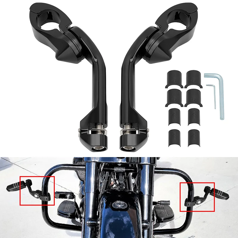 

Motorcycle 1.25" Long Angled Highway Footpegs Crash Bar Footrests with Clamps Mounts kit For Harley Honda Kawasaki Suzuki Yamaha