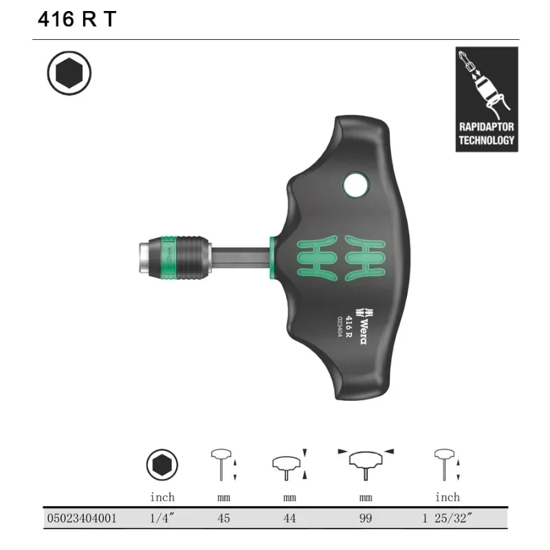 Wera 05023404001 416 R T-Handle Screwdriver - 1/4"x45mm, Rapidaptor, High Torque, Strong Magnet