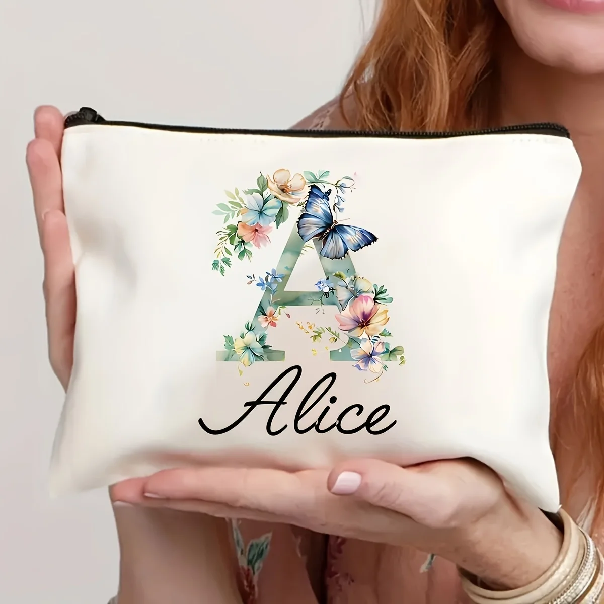 Personalized Floral Butterfly Makeup Bag Custom Name Cosmetic Pouch with 26 Letters Durable Fabric Gift for Women Wedding Gifts