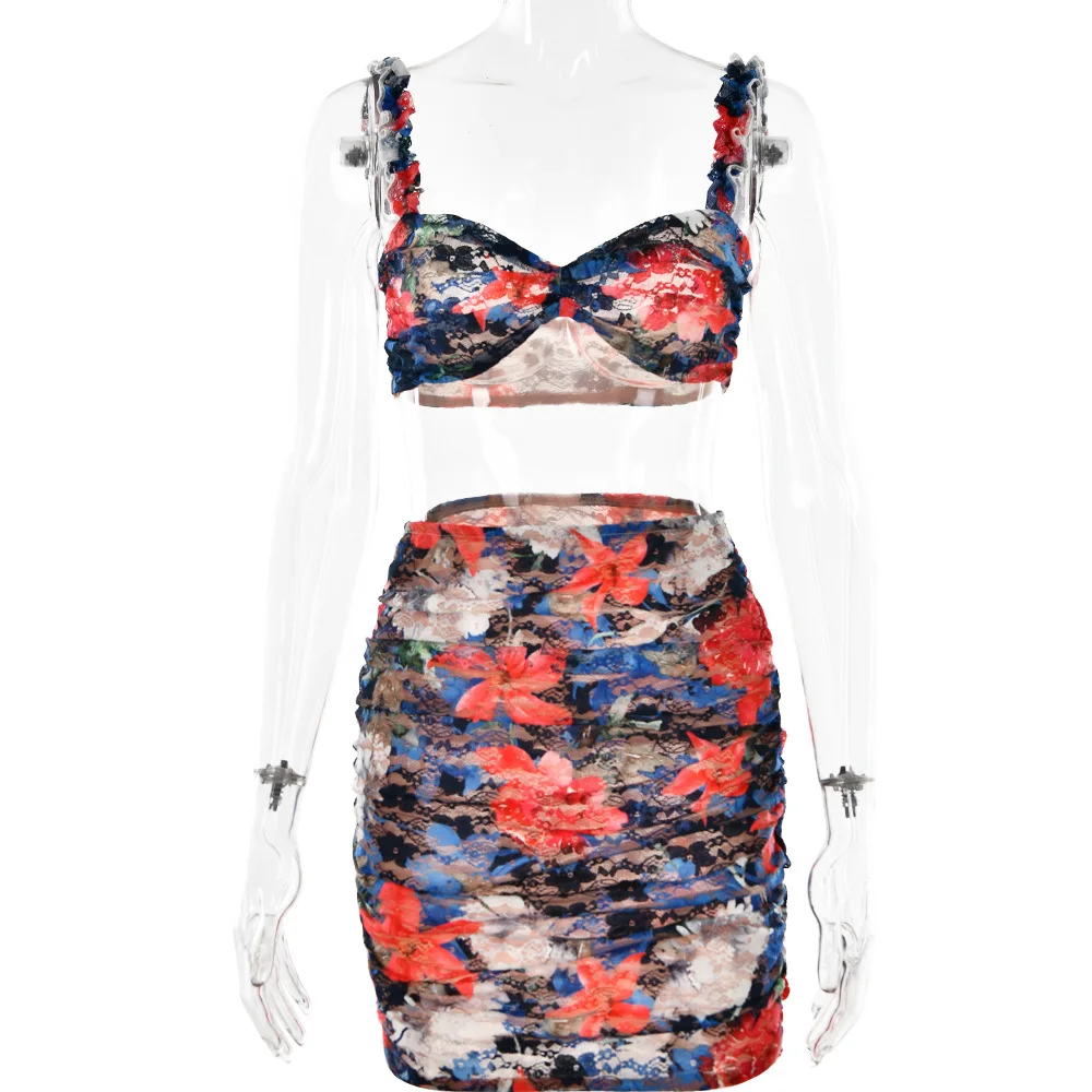 Bralette estiva Sexy di alta qualità e minigonna arricciata a vita alta in pizzo stampato floreale 2 pezzi