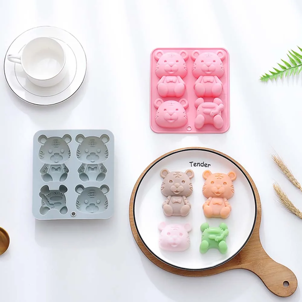 Cartoon 4 Cavity Tiger Silicone Cake Mold Baking Decoration Tool Ice Mold Epoxy Resin Mold