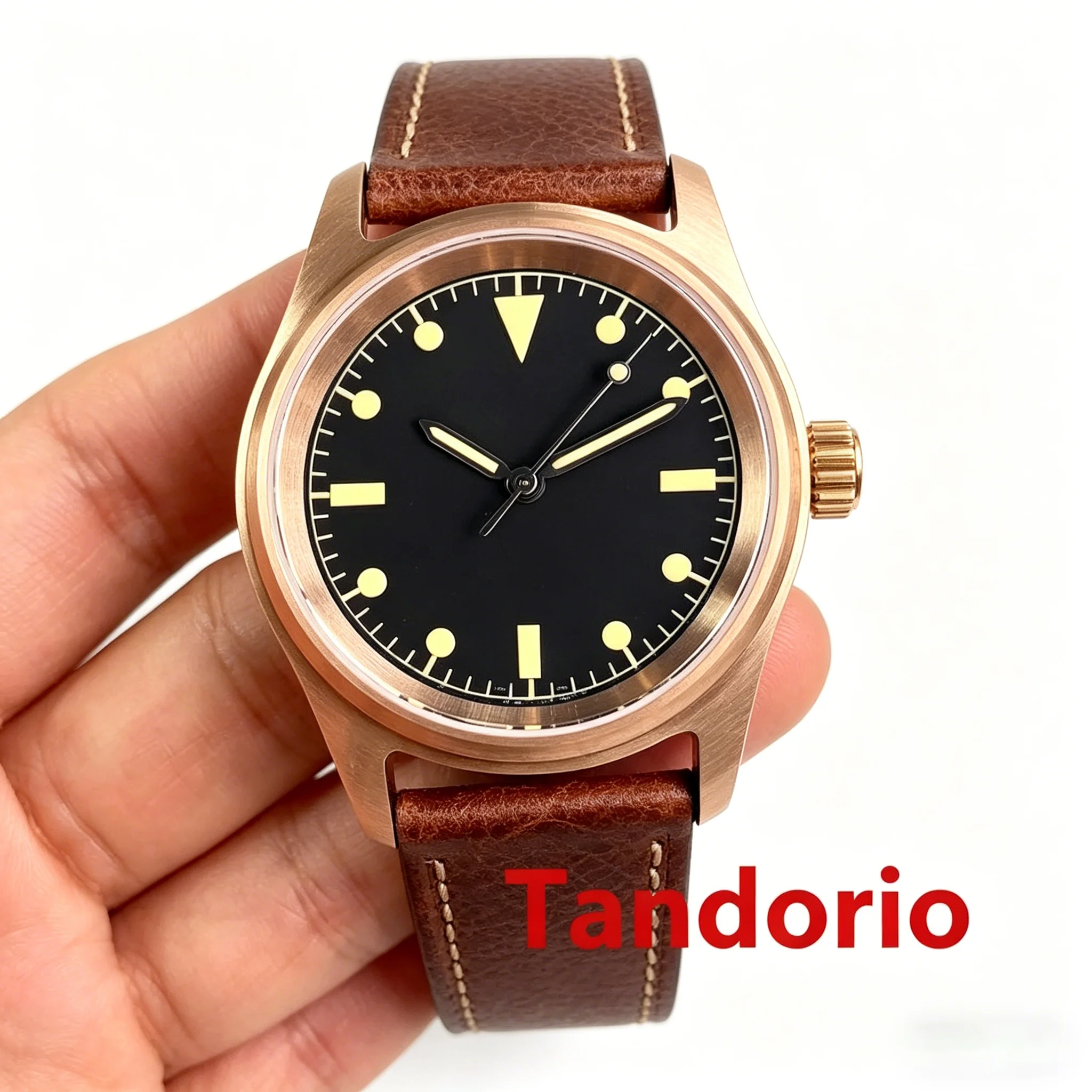 Tandorio New 36mm Sapphire Glass Solid CuSn8 Bronze 20ATM Diver Black Men's Mechanical Watch For Miyota 8215/Asia 2824 Leather