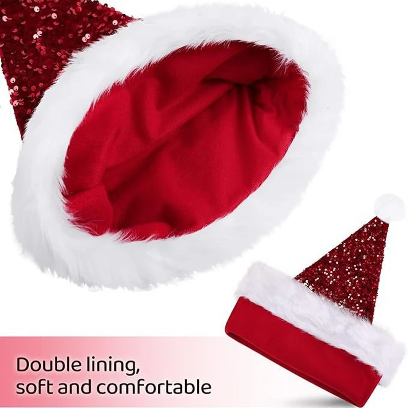 Glitter Santa Claus Hat Sparkly Thickened Velvet Sequin New Year Xmas Cap Unisex Soft Glitter Christmas Hat
