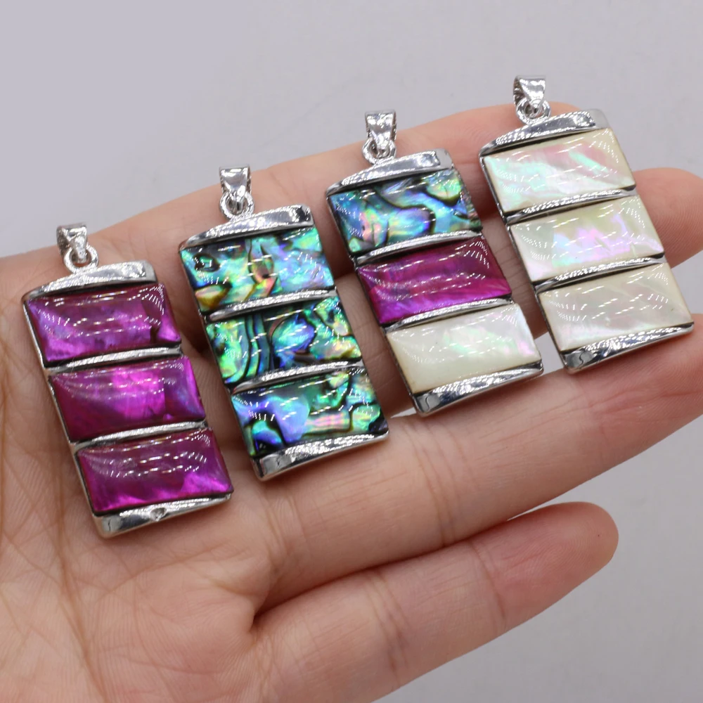 yachu Natural Shell White Abalone Rectangle Silver Plated Pendant For Jewelry Making DIY Necklace Accessory Charm Gift 18x35mm