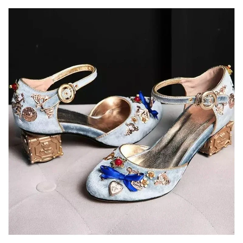 Velvet Black Ethnic Metal Round Toe Mid Squae Heel Sandals Woman Summer 2026 Blue Flower Bow Closed Toe Shaped Heel Pumps