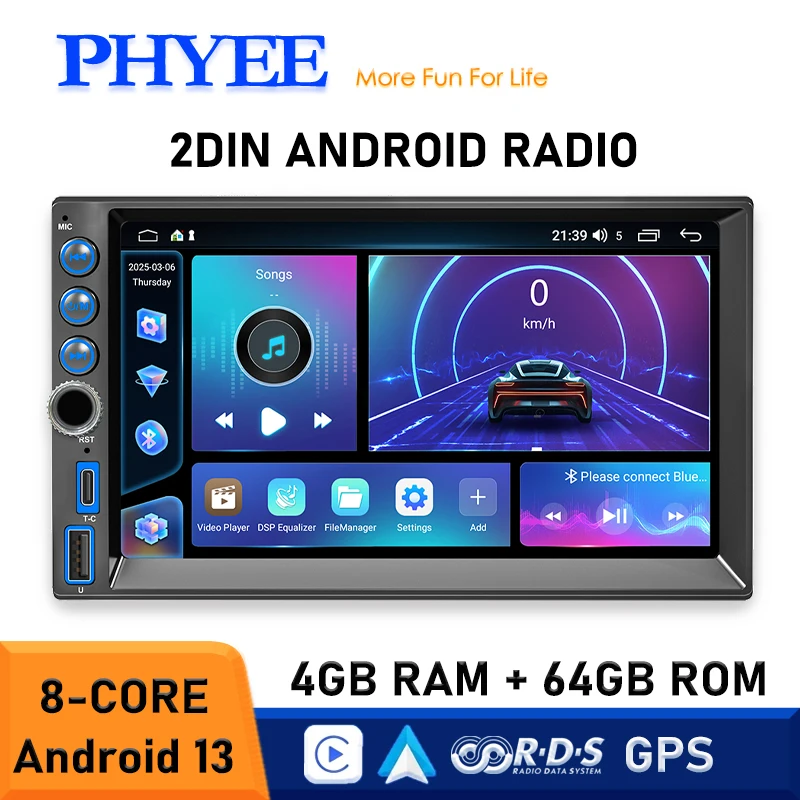 2 DIN Car Android GPS Radio 4GB RAM 64GB ROM, Wireless CarPlay / Android Auto, BT 5.1, 4G WiFi, USB, RDS FM Stereo Head Unit