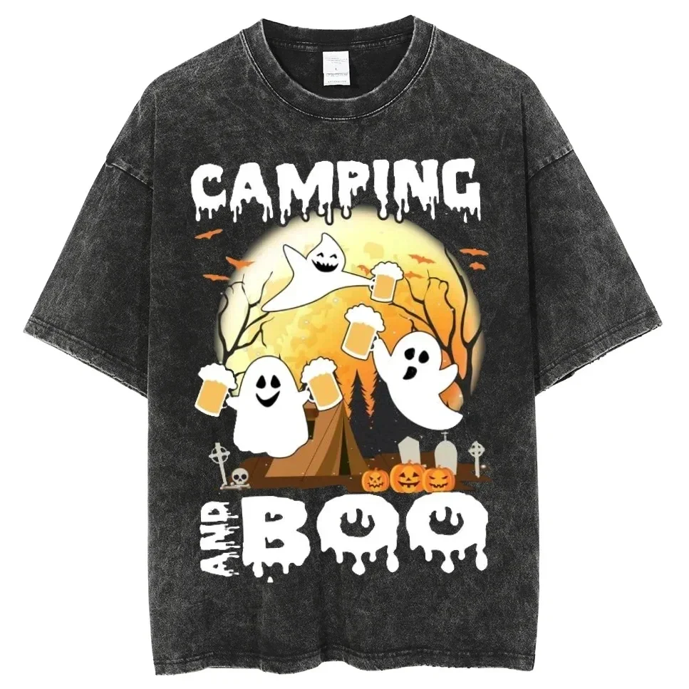 New Print Camping Boo Short Sleeve Tshirt Heavy Duty Cotton Denim Short Sleeve T-shirt Men Half Sleeve Loose Casual Shirt