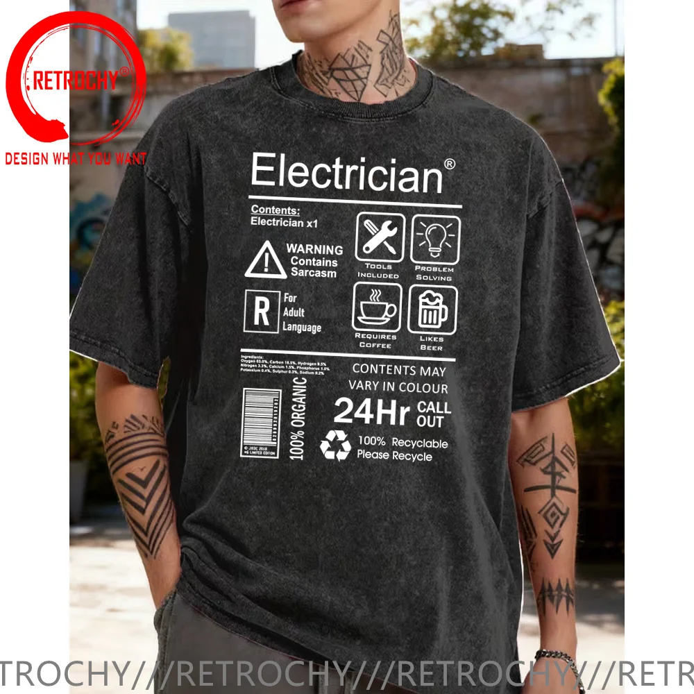 Vintage Washed Cottton Fashion T Shirt Funny Electrician Package Care Instructions Print T-shirt Electrical Engineer Design Tops