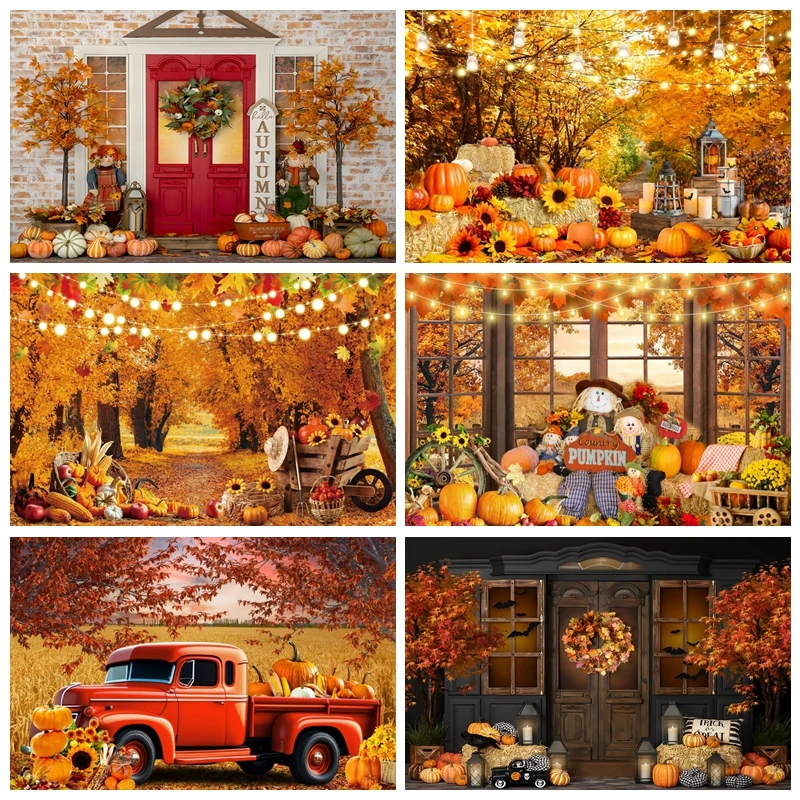 

Thanksgiving Party Backdrops Autumn Harvest Pumpkin Hay Maple Leaves Fall Wheat Field Kids Birthday Portrait Photo Background