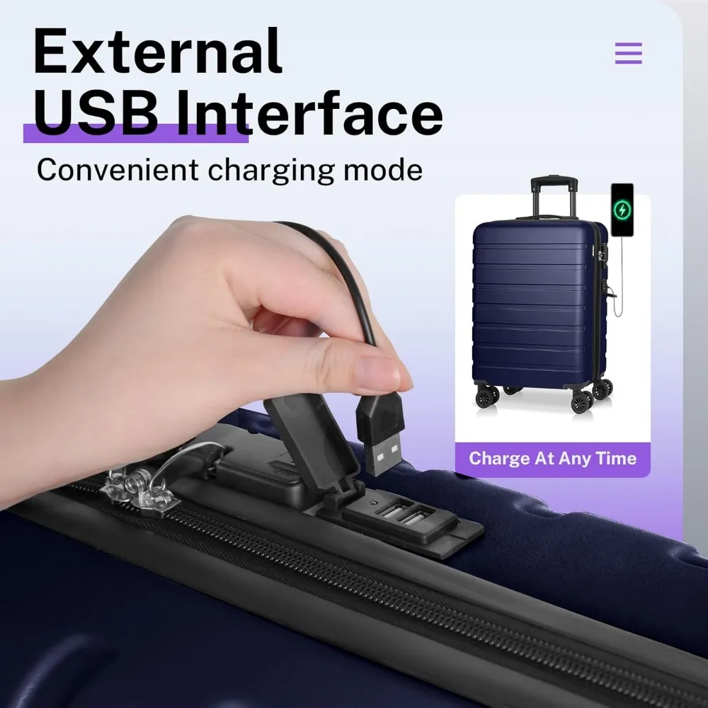 Lightweight Hardside ABS Luggage Set with USB Port, Carry-On and Mini Cosmetic Cases, TSA Approved for Travel