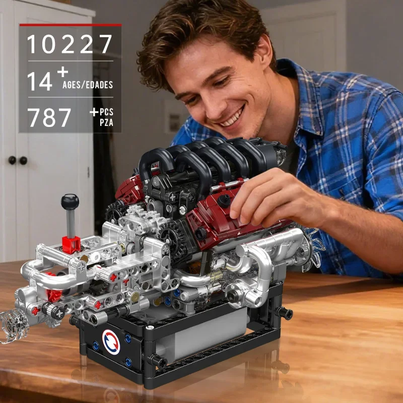 Mould King 10227 Technisches Automotorspielzeug Der motorisierte V8-Motor + Getriebe-Baustein-Ziegel-Set für Kinder, Weihnachtsgeschenk