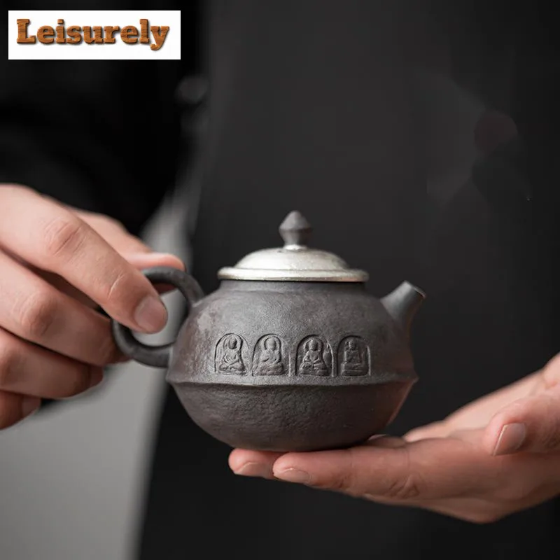 160ml Handmade Gilded Silver Teapot Japanese Old Rock Mud Pot Tea Soaking Kettle Buddha Kung Fu Tea Cafes Supplies Decoration