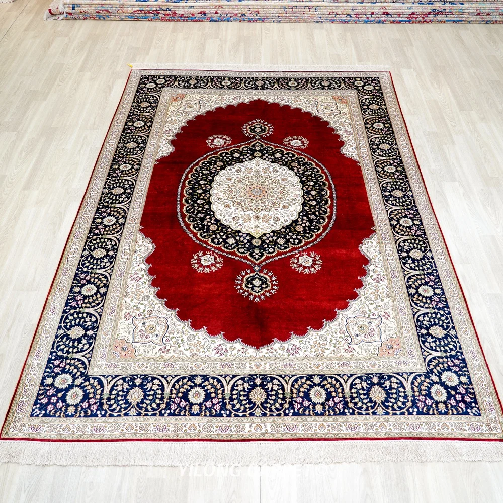 183x274cm Exquisite Floral Classic Hand Knotted Living Room Carpet Handmade Silk Red Rug (LH956B)