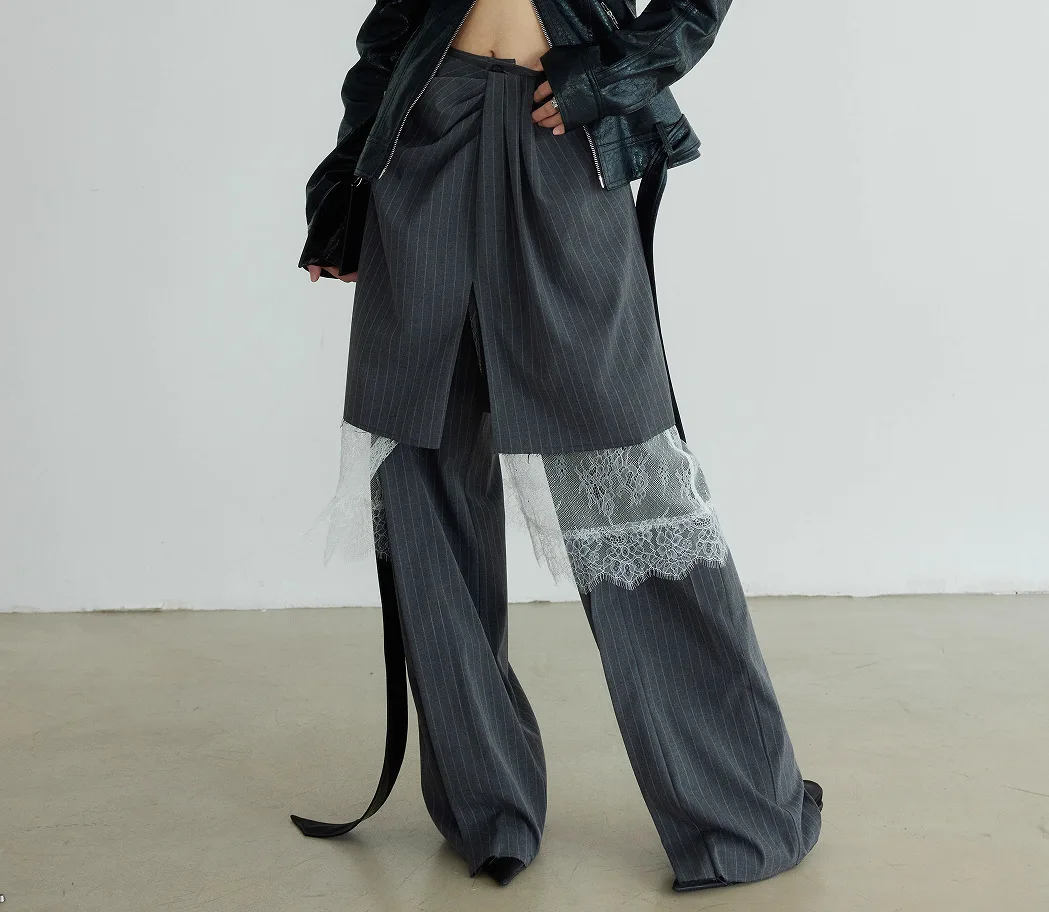 

Autumn New Ladies' Three Piece Wide Leg Pants with Detachable Lace Patchwork Stripes Personalized Design Women's Pants