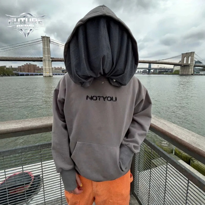 Unisex Boxy Jacket Streetwear Retro Mesh Mask Hoodie Black Embroidery Detachable Cap Pullover Y2K American High Street Design