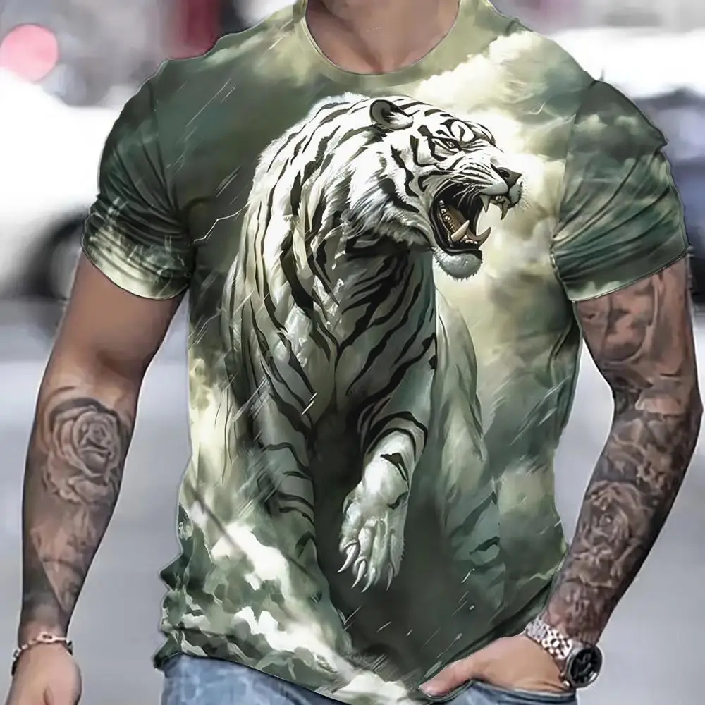 Tiger T-Shirt For Men 3D Animal 3D Print Men\'s Shirts Summer Short Sleeved Tee Male Pullover Oversized Top Casual Men\'S Clothing