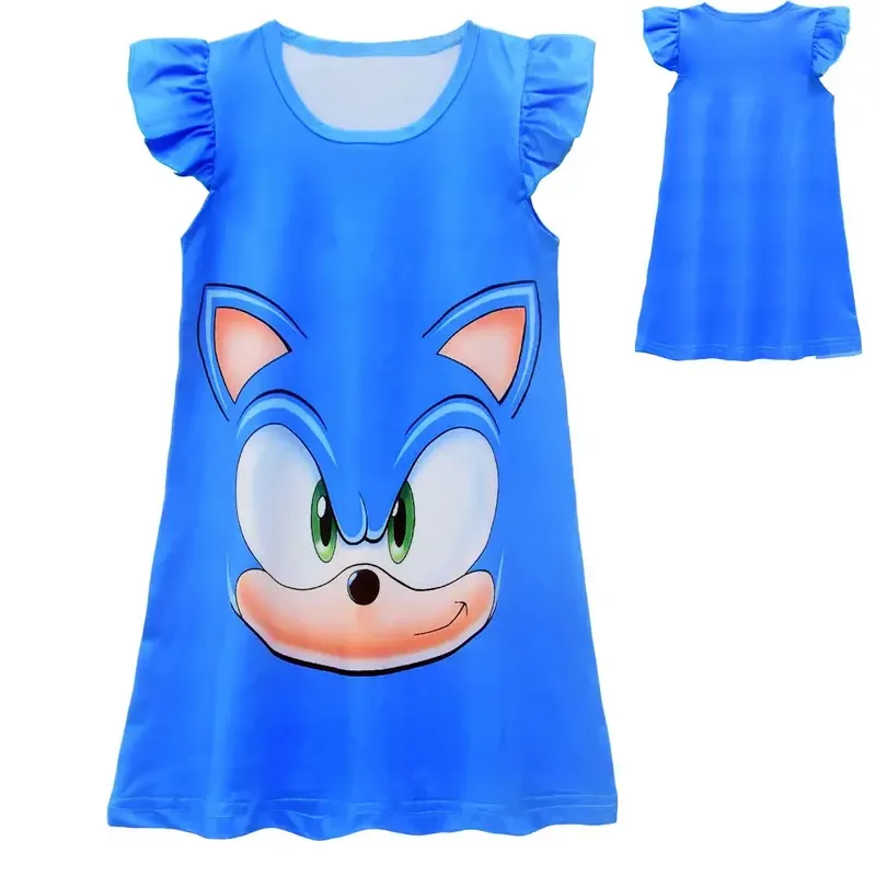2025 New Kids Girls Sonic Anime Cartoon Ruffle Blue Short Sleeves Dress Outfit Christmas Halloween Cosplay Costume AA
