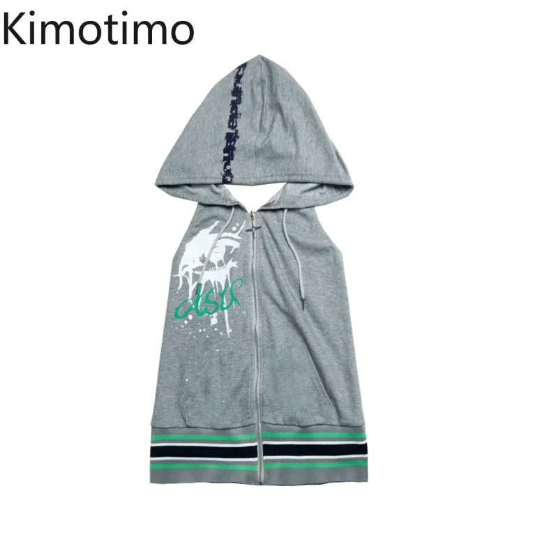 

Kimotimo Punk Contrasting Hooded Sweatshirt Women 2025 Summer Fashion Zipper Sleeveless Sports Top Backless Casual Streetwear