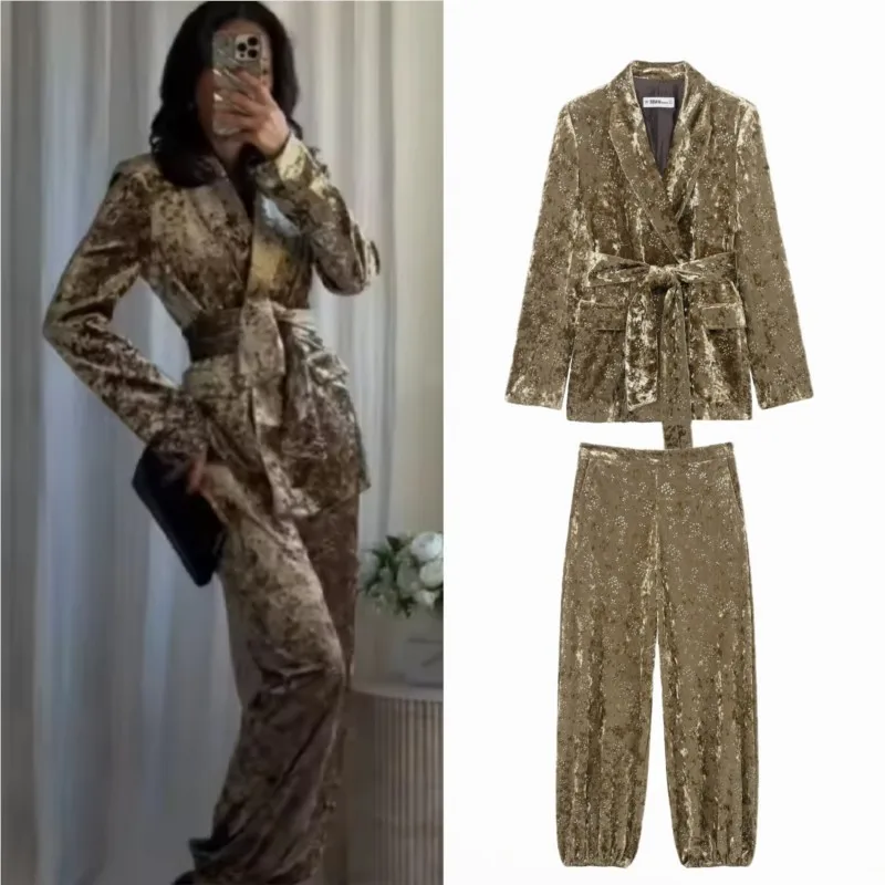 

Women's Metallic Velvet Thread 2 Piece Elegant Vintage Belt Suit Coat Casual Loose Lantern Pants Two Piece Women Outfit