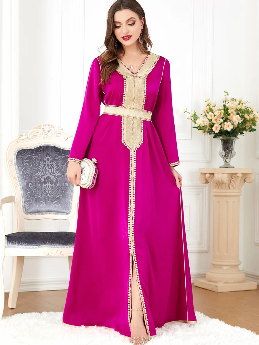 

Eid Abaya for Women Lace Trim Belted Islamic Clothing Ramadan Muslim Long Dress Evening Gowns Gulf Jalabiya Moroccan Kaftan