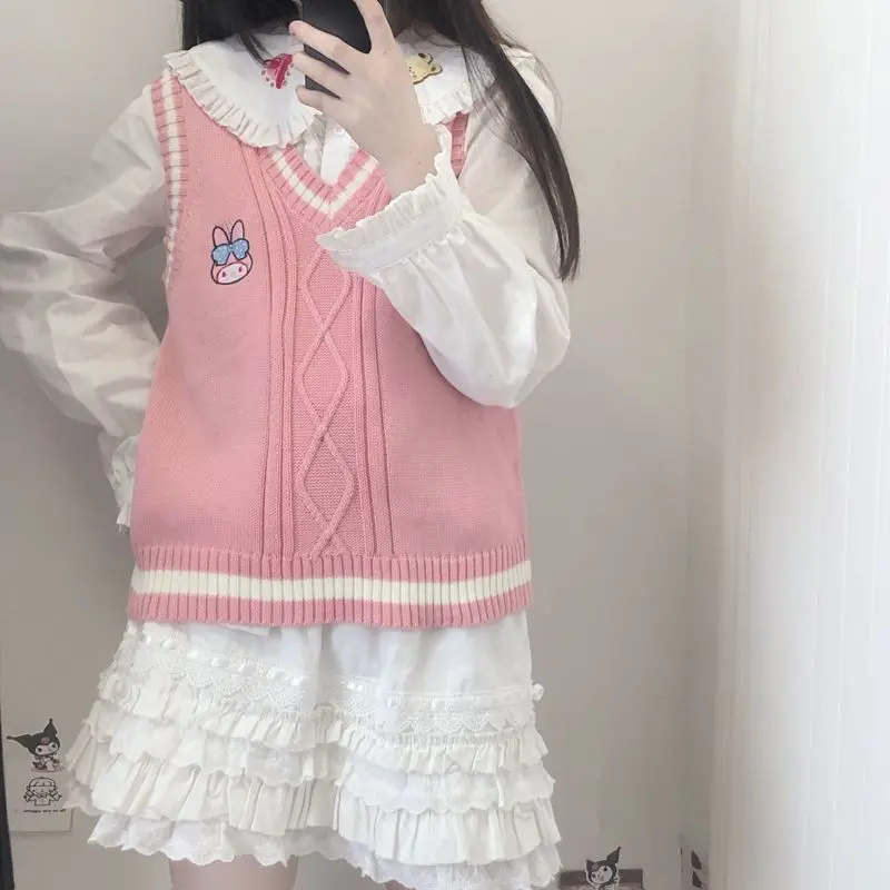 Kawaii Cinnamoroll V Neck Vest Jk Sanrio Anime Kuromi My Melody Pompompurin Preppy Autumn Sweater Student Sweet Girl Casual Cute