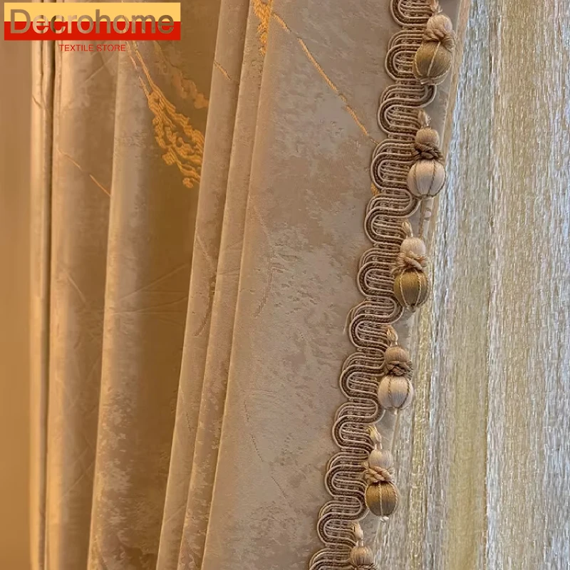 

Customized Milk Tea Color Gold Silk Relief Reed Jacquard Blackout Curtains for Bedroom Living Room Villa French Window Balcony