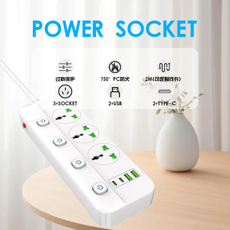 

EU/US/UK Plug-in Multi-plug Drag Board 2 Meters Wire High Power European Lightning Protection Usb Power Strip