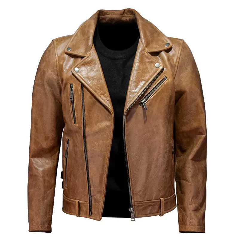 Retro Brown Spring Leather Jacket Men Punk Style Plus Size 4XL Natural Cowhide Slim Short Diagonal ZipperGenuine Leather Coat