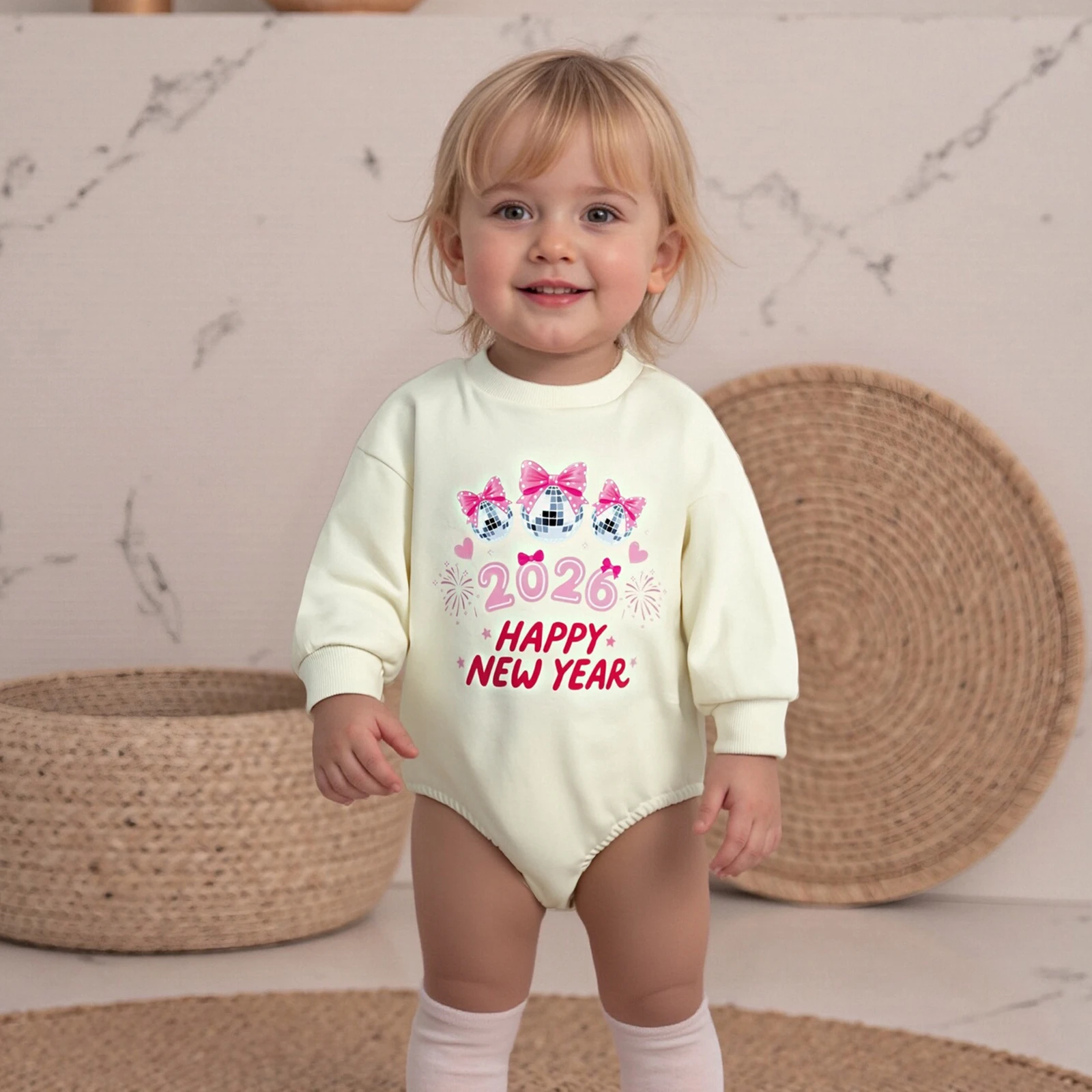 بدلة رومبير للفتيات الصغيرات في السنة الأولى للعام الجديد مطبوع عليها حروف على شكل فيونكة وأكمام طويلة ورقبة دائرية بدلة قفز 2026 #2