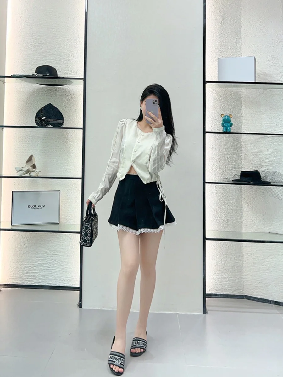 Retro Sle round Ne Tie ort irt Women's Top Floral Embroidery High Waist Commute Sle Summer New Arrival