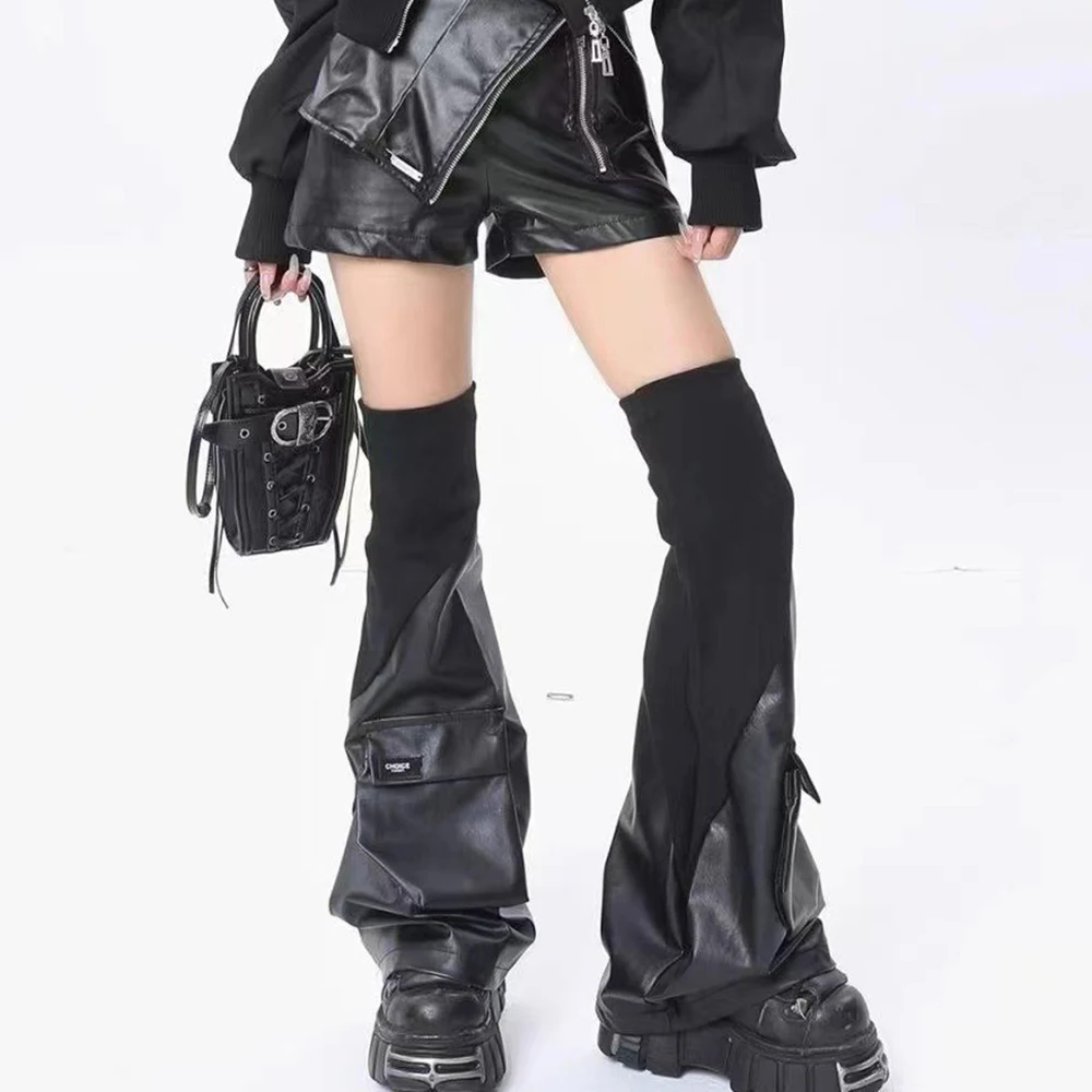 Black Dark Gothic PU Leather Above the Knee Flared Leg Warmers Y2k Rock Punk Big Pockets Foot Covers Boot Cuffs Calf Gaiters