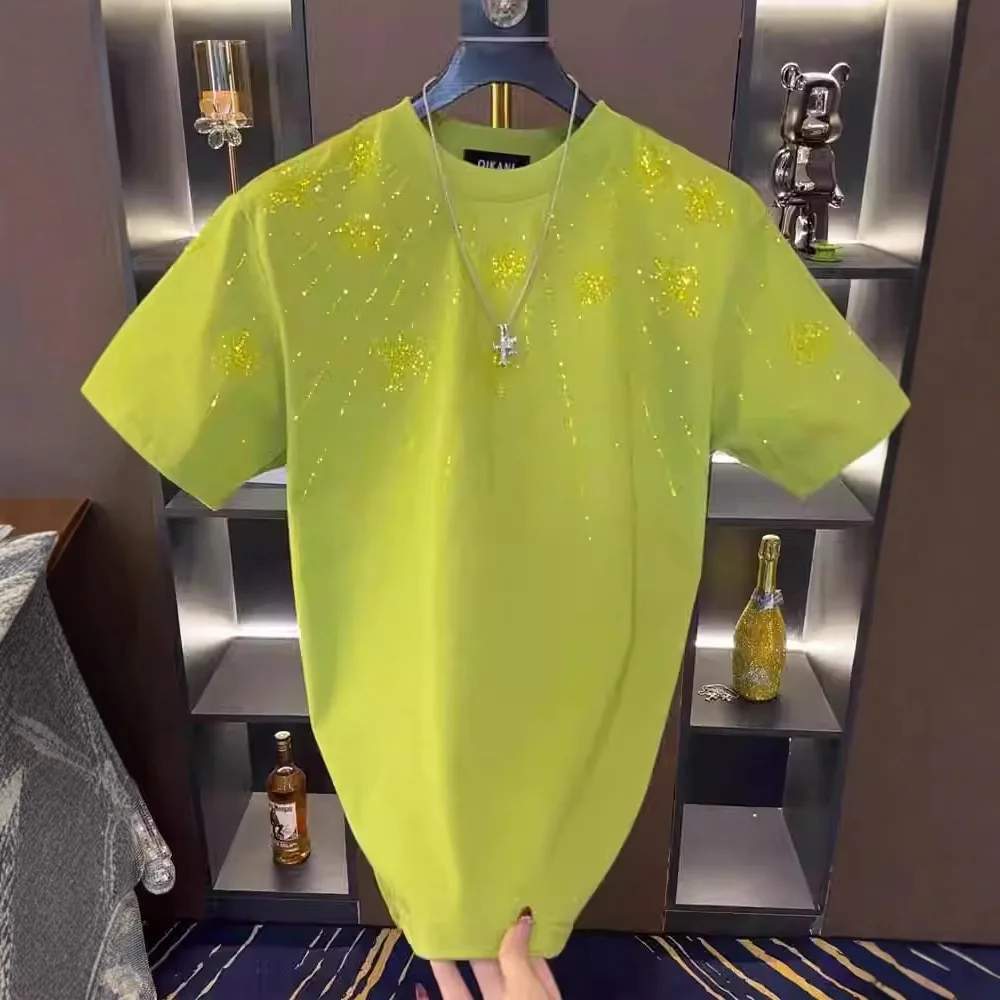 

New Trendy Light Luxury Fashion Rhinestone Half Loose Round Neck Short Sleeve Men's T-Shirt