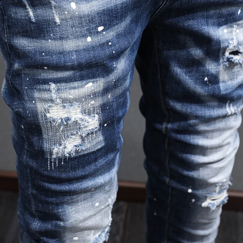 Streetwear Fashion Vintage Men Jeans Retro Blue Stretch Elastic Slim Fit Ripped Jeans Men Painted Designer Hip Hop Pants Hombre