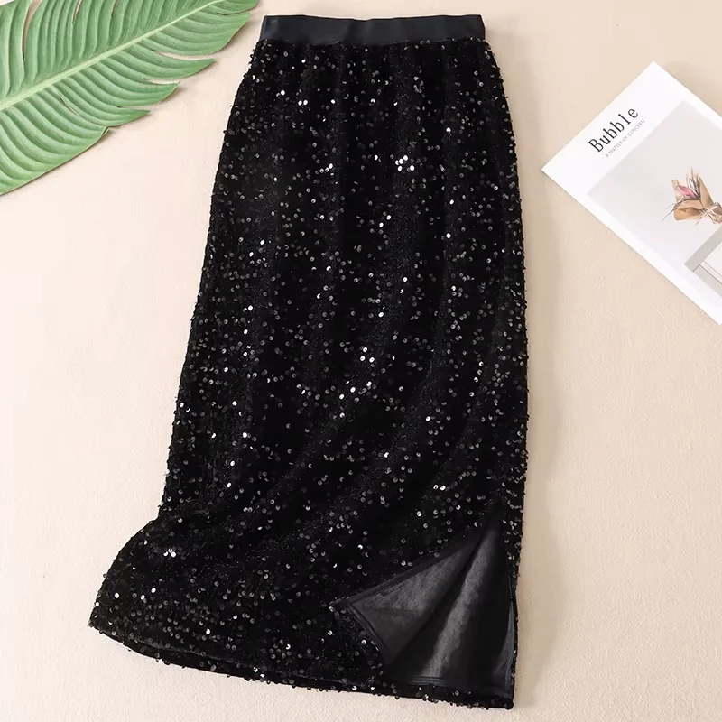 Gowyimmes New Big Size Vintage Fashion Women Midi-Long Sequined Skirt Slim Lady Black thickening  Skirts Split Bottomings PD1858