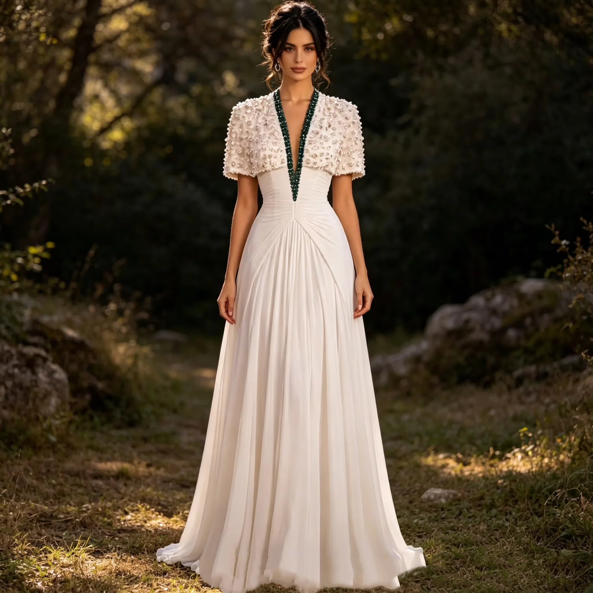 Customized Boho Outdoor Wedding Dress Featuring Short Puff Sleeve Fully Beaded Top Emerald Rhinestone Placket Trim bridal gown