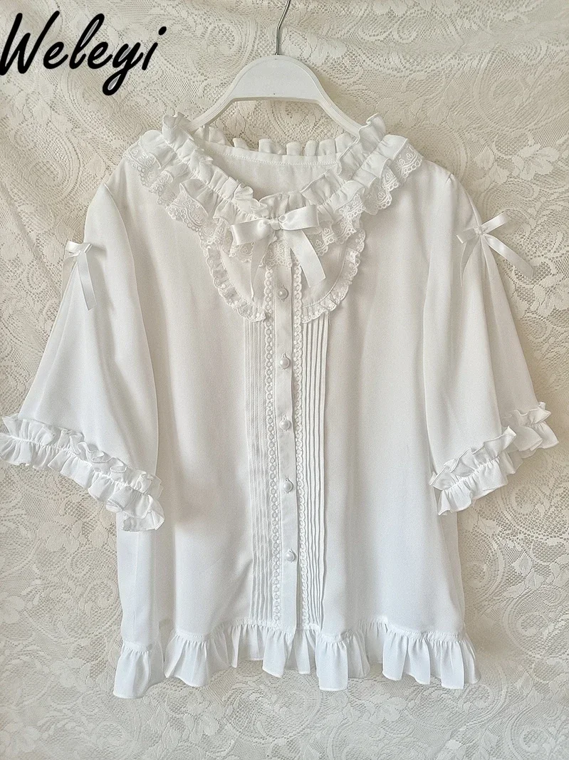 Japanese Jirai Kei Lolita Clothes Woman Short Sleeve Loose White Shirts Princess Doll Collar Bow Chiffon Versatile Lining Blouse